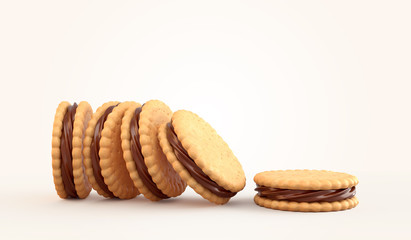Sandwich cookies with chocolate fill, 3d illustration for biscuit package design. - obrazy, fototapety, plakaty