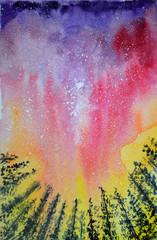 Watercolor night sky and stars. Northern Lights.