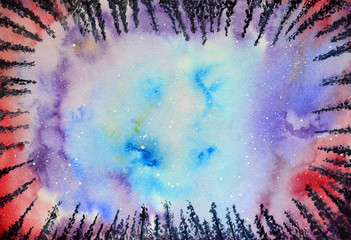 Watercolor night sky and stars. Northern Lights.