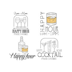 Vector set of 4 original sketch style logos for cocktail bar or restaurant. Hand drawn emblems with different alcoholic drinks