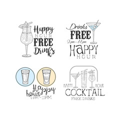 Vector set of hand drawn promotion signs for cocktail bar or restaurant. Original logos with alcoholic drinks and calligraphic text