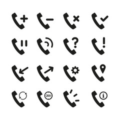 Retro black telephone receiver icon set. Plus, minus, cross, ok, pause, ringing, query, exclamation,incoming, outgoing, settings, gps, backup, 24 hours, information handset signs. Flat design