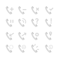 Retro grey telephone receiver icon set. Concept of incoming, outgoing, service, call center, backup, settings, support, contact, ringing, information. Handset sign for logo, app, web, UI design