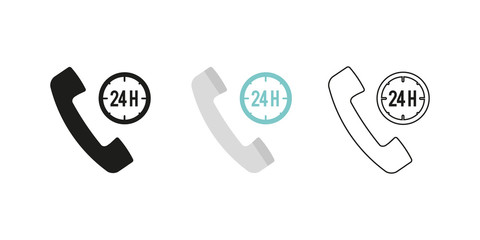 Retro telephone receiver. Three different styles: black, color and outline. Handset symbol. 24 hours sign. Vector illustration, flat design