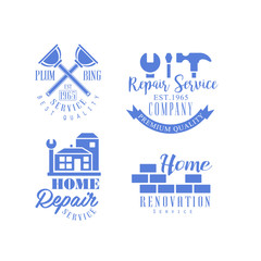 Set of monochrome emblems for repair services. Blue vector logos with working tools, buildings and brick wall. House renovation company symbol