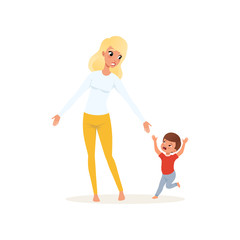 Tired mother and her screaming little son, parenting stress concept, relationship between children and parents vector Illustration on a white background
