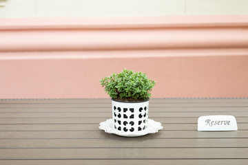 Close up photo of small green plant in the white metal vintage pot with a sign reserve next to it placed on a wooden table, outdoors on a restaurant, coffee shop terace