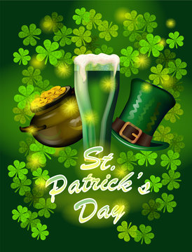 St. Patrick`s Day greeting. Vector illustration. Happy St Patricks Day.Blurred Green Background