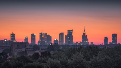 Panorama of skyscrapers in the center of Warsaw at dawn, Poland