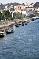 View of the boats on the Ribeira in Porto, Portugal