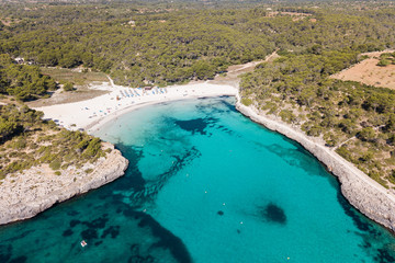 Fototapeta na wymiar Aerial: The beach of Cala Mondrago in Mallorca, Spain