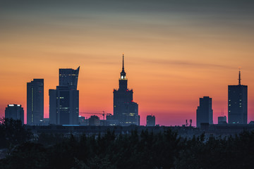 Fototapeta na wymiar Panorama of skyscrapers in the center of Warsaw at dawn, Poland
