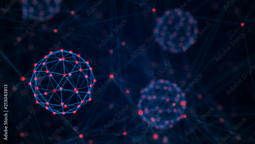 Poster Block chain technology concept. Connections with points and lines. Big data visualization. 3D Rendering.
