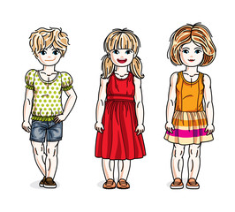 Beautiful little girls group posing wearing fashionable casual clothes. Vector kids illustrations set.