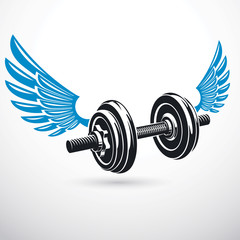 Dumb-bell with disc weight vector illustration created using wings. Gym power lifting sport equipment for heavy load pumping and weightlifting.