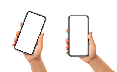 Hand holding smartphone frame less blank screen