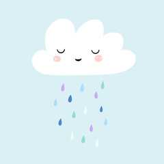 Cute smiling rain cloud with rain drops in shades of blue. Nursery art for boys. Card design for baby shower.