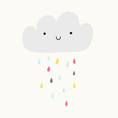 Smiling cute cloud with colorful raindrops. Illustration for baby shower card or nursery art. 