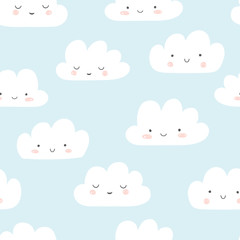 Smiling clouds vector pattern. Cute sky seamless background. Hand drawn illustration for babies, kids. 