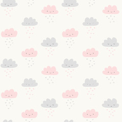 Funny clouds with smiling faces and hearts rain. Cute seamless background in pastel colors. Valentines day.