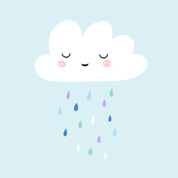 Cute smiling rain cloud with rain drops in shades of blue. Nursery art for boys. Card design for baby shower.