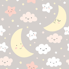 Night sky vector pattern. Cute smiling moon, stars, clouds seamless background. Baby print in soft, pastel colors. 