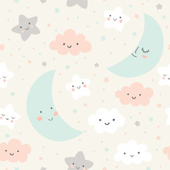 Cute sky pattern. Seamless vector design with smiling, sleeping moon, stars and clouds. Baby illustration. 