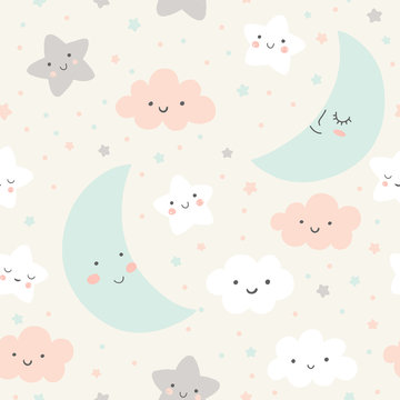 Cute sky pattern. Seamless vector design with smiling, sleeping moon, stars and clouds. Baby illustration. © mgdrachal