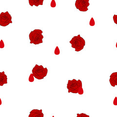 Seamless pattern red rose flower, blood drop on white, vector eps 10