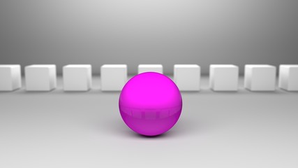 Pinke Kugel im Fokus vor einer Reihe weißer Würfel. Konzept für im Mittelpunkt stehen oder Führung