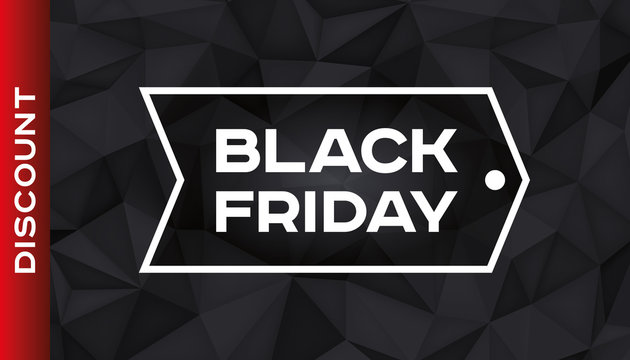 Black Friday Discount. Volume geometric shape, 3d black crystals. Low polygons dark background. Red accent. Vector design polygonal form for you business projects