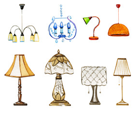 Set of yand drawn watercolor decorative lamps and lampshades
