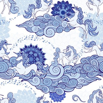 Fototapeta Unicorn and cloud and mandala design for fantasy  Porcelain blue and white tone with white background  seamless pattern pattern vector