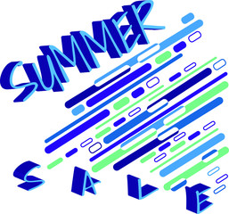 3d text Summer sale in bright blau tones and multi-colored abstract composition of lines on white background. Vector illustration, template for the design of posters, postcards, advertising.