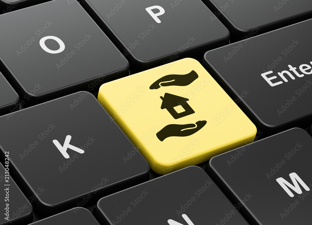 Poster insurance concept: computer keyboard with house and palm icon on enter button background, 3d renderi
