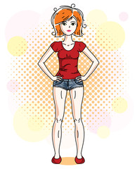 Beautiful red-haired woman adult standing on colorful background with bubbles and wearing casual clothes. Vector attractive female illustration. Lifestyle theme cartoon.
