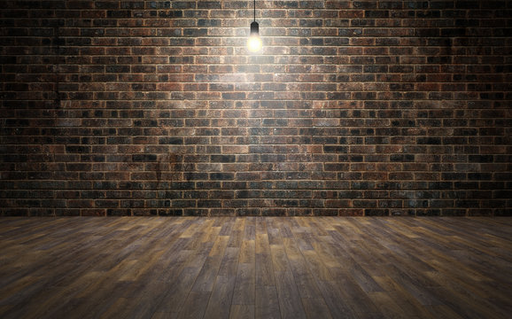 Empty brick wall room with wooden planks floor and lightbulb. 3d rendering