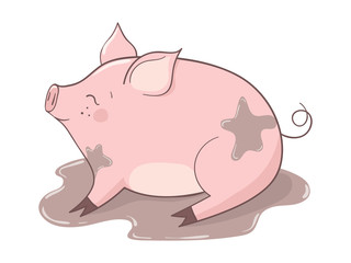 Cute cartoon pig in the puddle of mud. Vector illustration.
