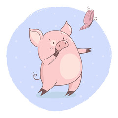Cute cartoon pig with butterfly. Vector illustration.