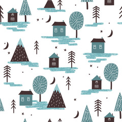 Motif scandinave sans couture avec des maisons, des montagnes et des arbres dessinés à la main.