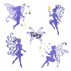 Set of beautiful watercolor fairy isolated on white. Vector illustration.