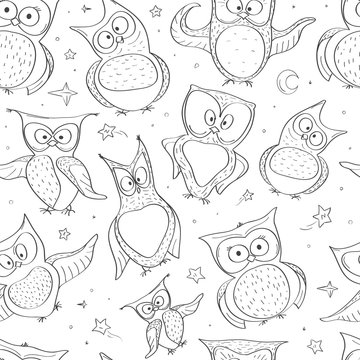 Seamless Pattern With Different Funny Owls. Creative Hand Drawn Texture With Cute Owls.