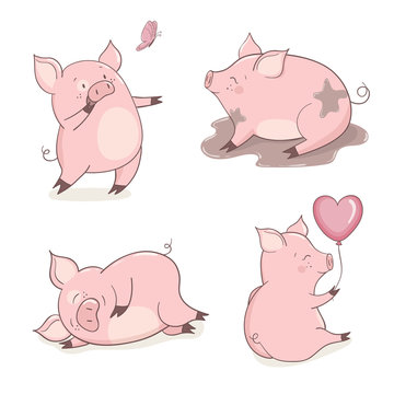 Set of cute cartoon pigs isolated on white. Vector illustration.