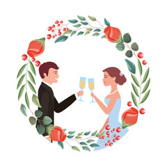 couple toasting celebrating wedding day in flowers frame