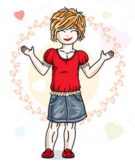 Beautiful little red-haired girl posing on colorful backdrop with romantic hearts. Vector kid illustration.
