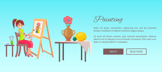 Painting Banner, Cheerful Woman with Paints Set