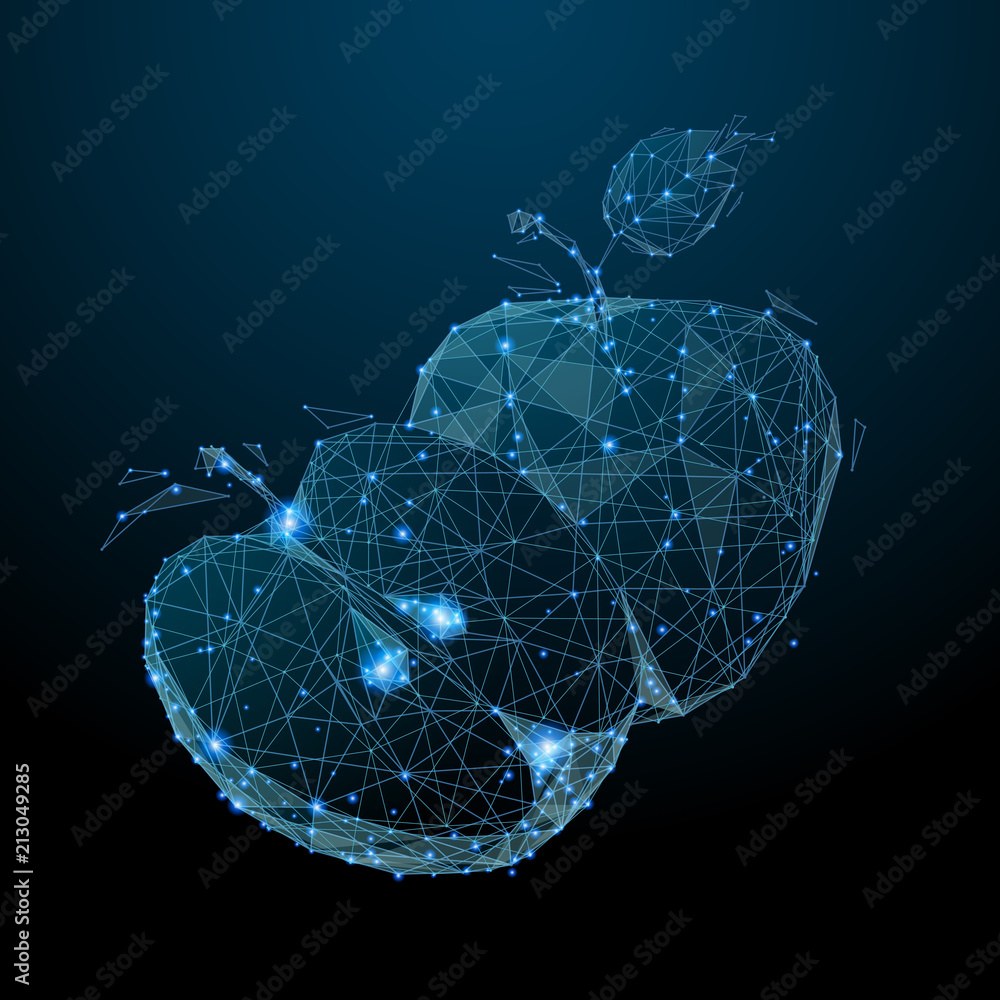 Poster Two apples. Low poly blue. Polygonal abstract diet illustration. In the form of a starry sky or space. Vector image in RGB Color mode.