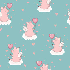 Seamless pattern with cute cupid pigs on the clouds. Valentine day vector illustration.