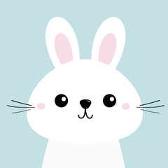 White bunny rabbit. Funny head baby face. Big ears. Cute kawaii cartoon character. Greeting card template. Happy Easter sign symbol. Blue background. Flat design.