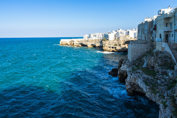 Fototapeta na wymiar Buildings of the old town of Polignano a Mare overlooking the Adriatic Sea, Apulia, Italy
